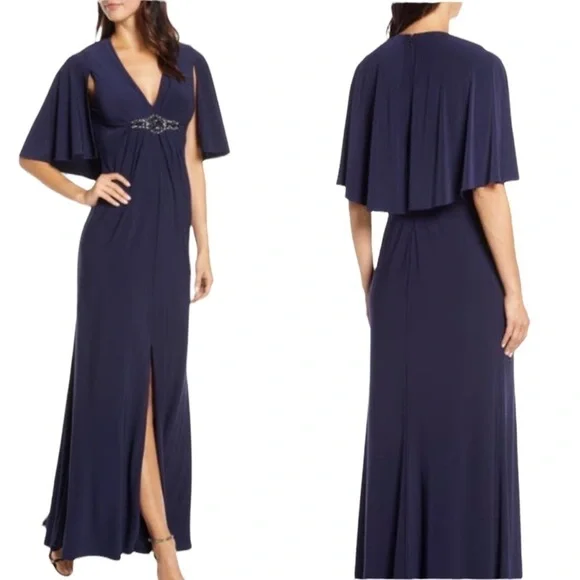 NWT Eliza J Navy Blue Embellished Cape Maxi Gown - Picture 1 of 16